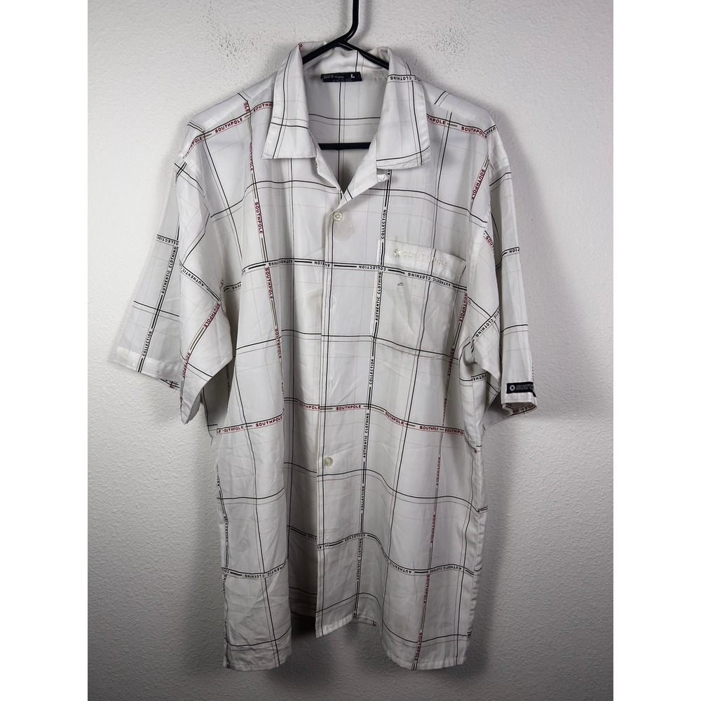 Southpole Mens White Grid Print Short Sleeve Button Up Shirt Size Large Vintage